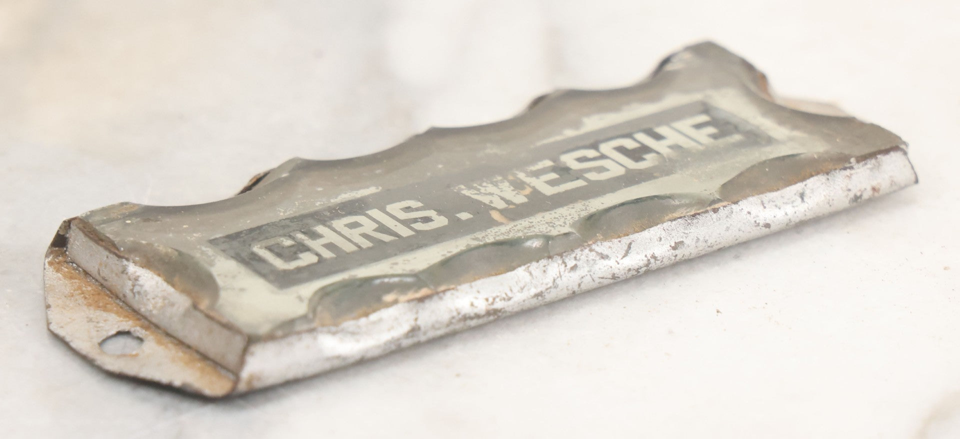 Lot 015 - Antique Reverse Painted Chipped Scalloped Glass Nameplate For Chris. Wesche, As Found, Note Some Mirror Loss