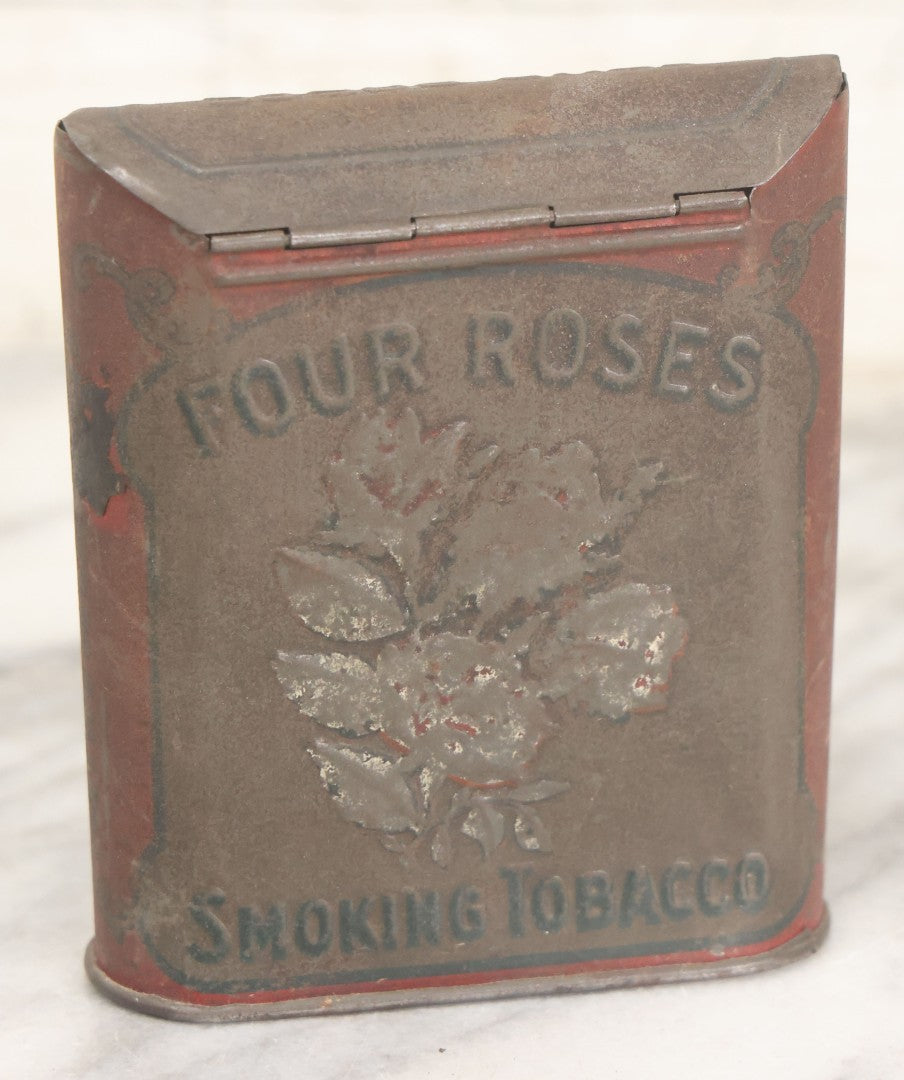 Lot 017 - Vintage Pressed Tin Four Roses Smoking Tobacco Pocket Box With Remnants Of Original Paint
