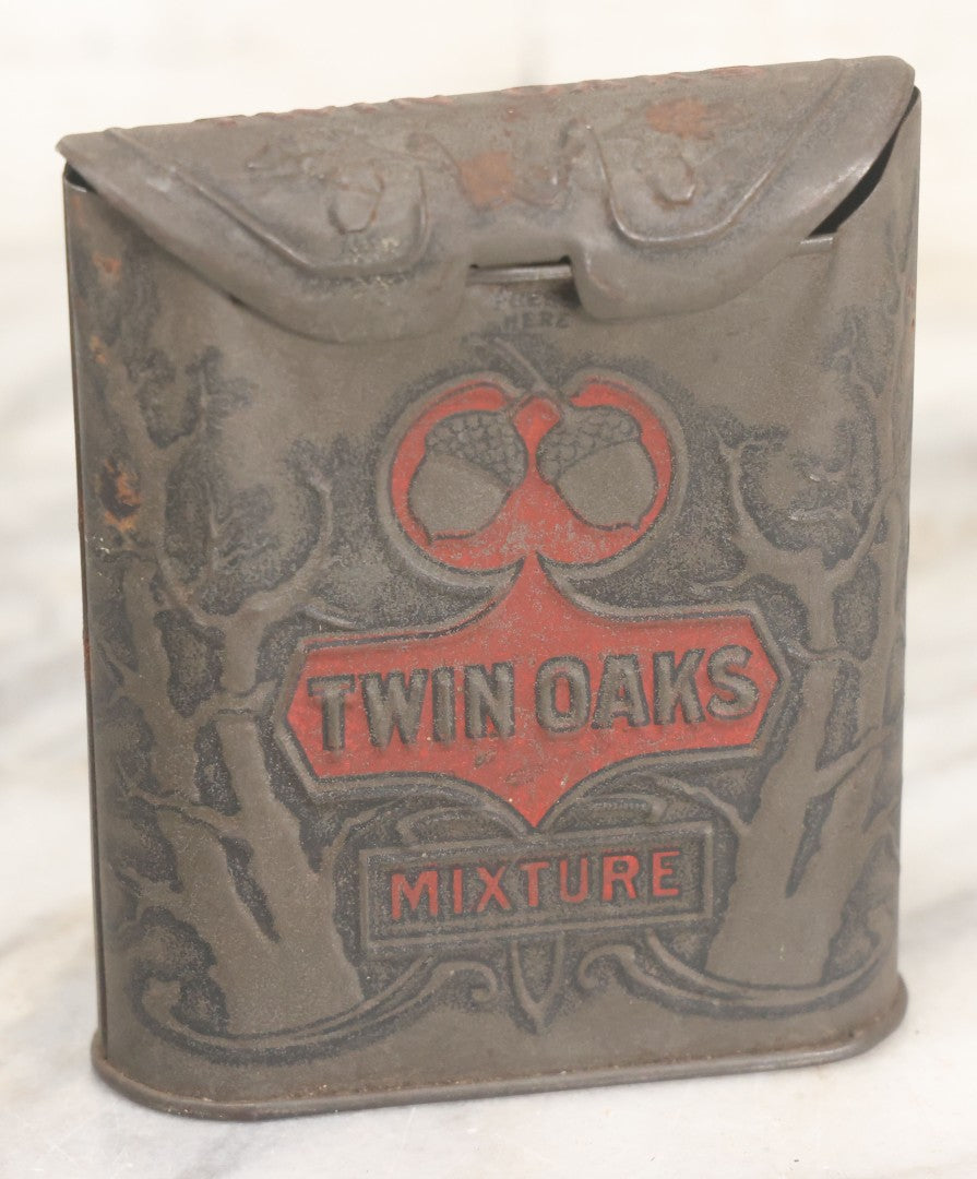 Lot 018 - Vintage Pressed Tin Twin Oaks Smoking Tobacco Mixture Pocket Box With Remnants Of Original Paint