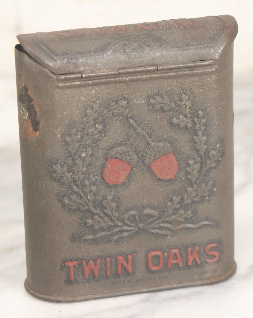 Lot 018 - Vintage Pressed Tin Twin Oaks Smoking Tobacco Mixture Pocket Box With Remnants Of Original Paint