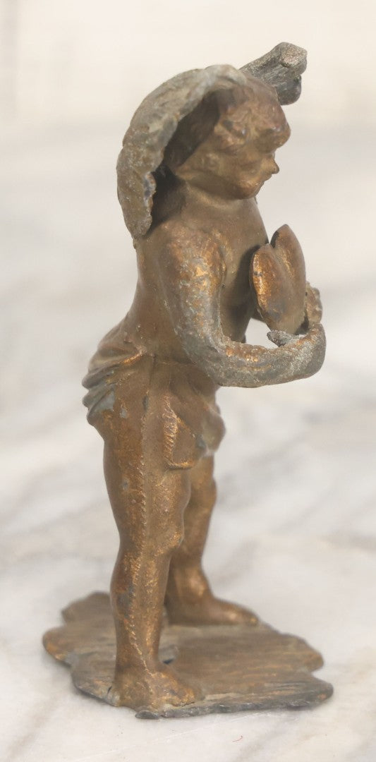 Lot 021 - Antique Pot Metal Valentines Cupid Figurine With Wings, Holding Heart, With Original Gold Paint