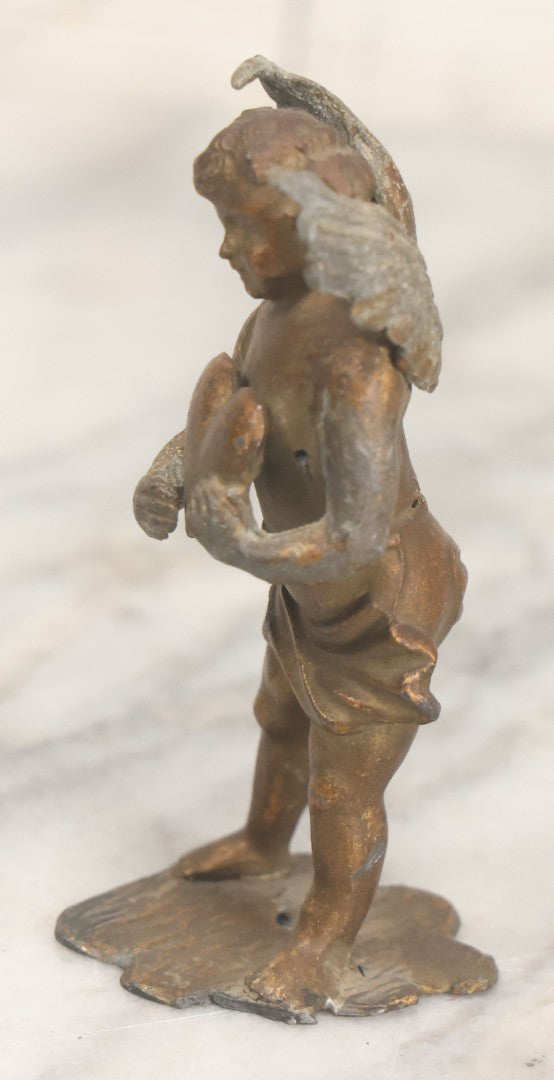 Lot 021 - Antique Pot Metal Valentines Cupid Figurine With Wings, Holding Heart, With Original Gold Paint