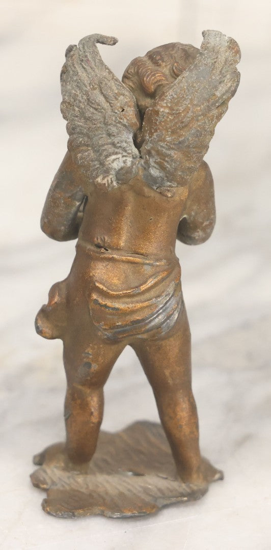 Lot 021 - Antique Pot Metal Valentines Cupid Figurine With Wings, Holding Heart, With Original Gold Paint