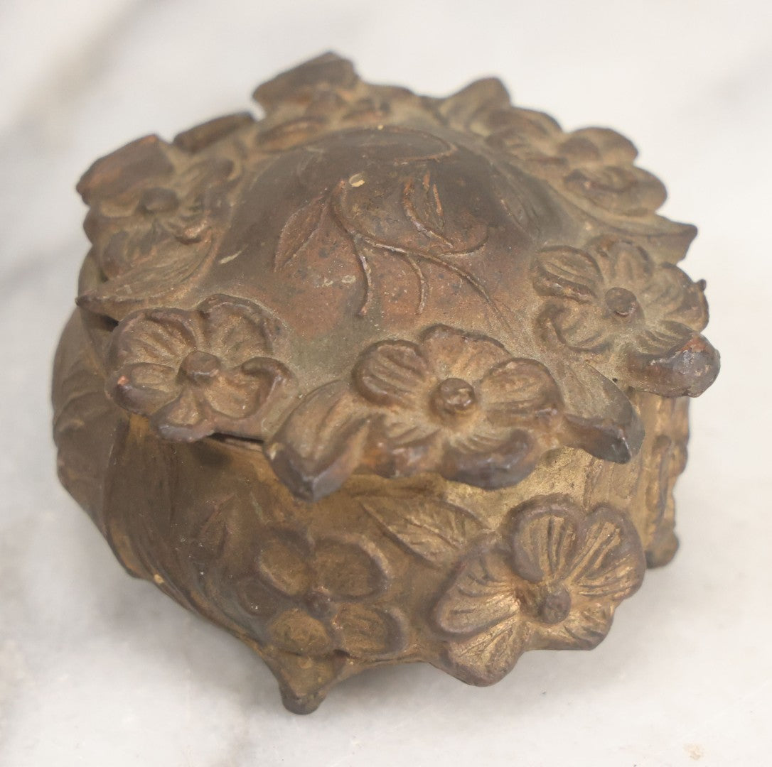 Lot 022 - Antique Small Size Pot Metal Ring Box With Flower Design, Hinged Lid, Original Fabric Interior, Bottom Marked U.S.A.