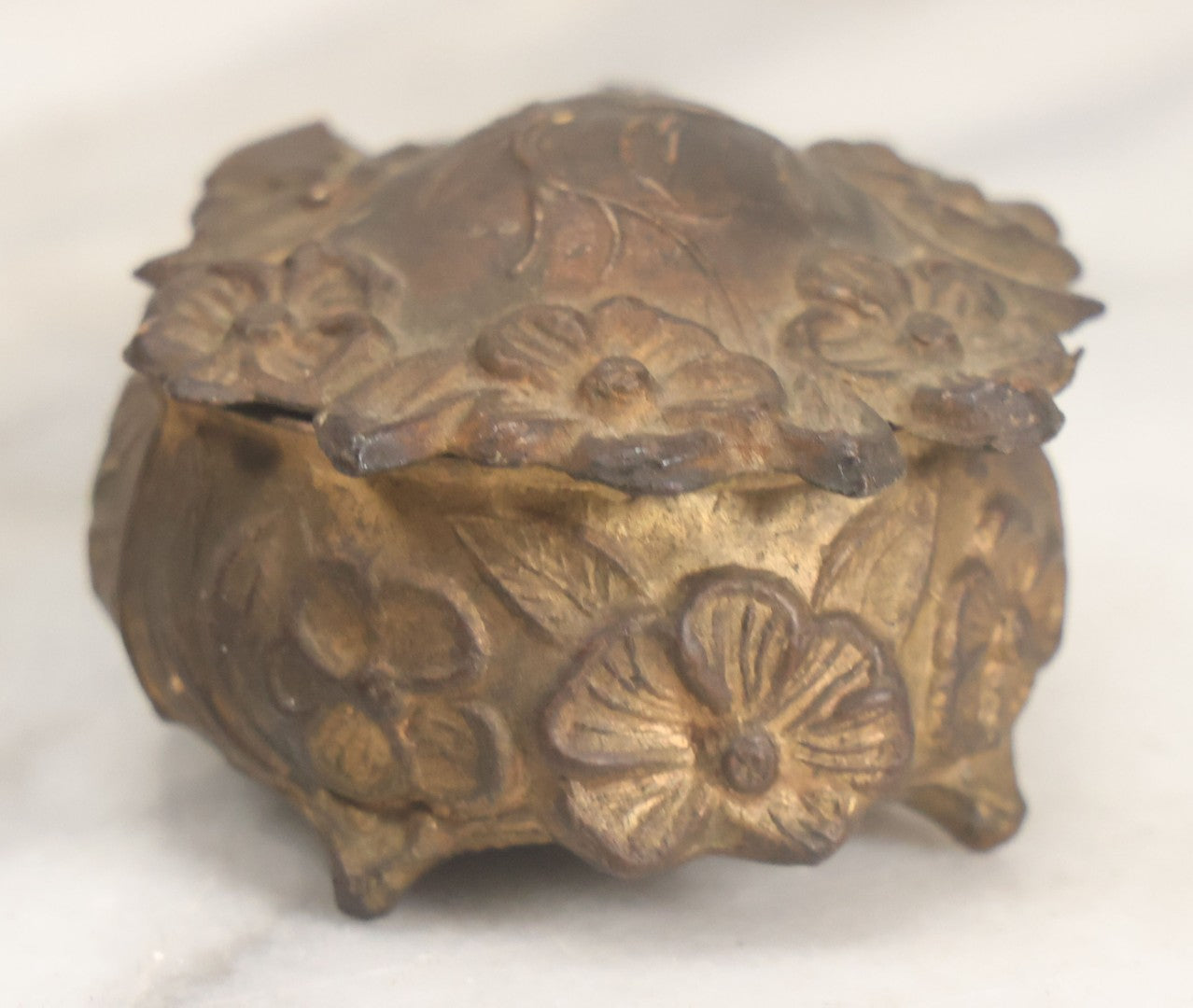 Lot 022 - Antique Small Size Pot Metal Ring Box With Flower Design, Hinged Lid, Original Fabric Interior, Bottom Marked U.S.A.