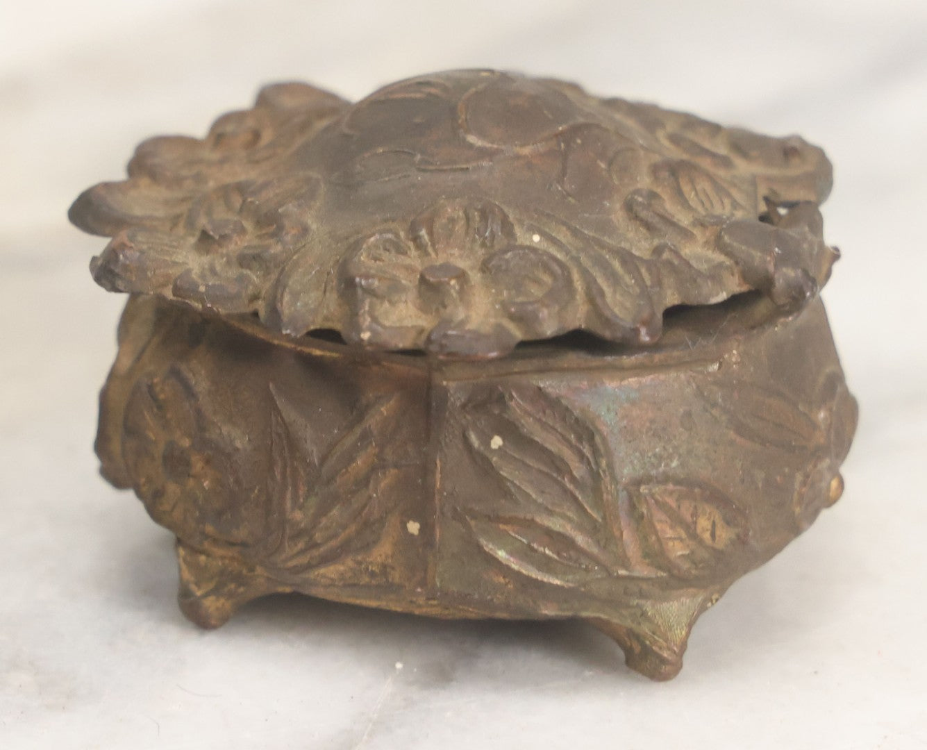 Lot 022 - Antique Small Size Pot Metal Ring Box With Flower Design, Hinged Lid, Original Fabric Interior, Bottom Marked U.S.A.