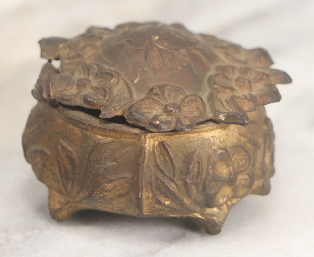 Lot 022 - Antique Small Size Pot Metal Ring Box With Flower Design, Hinged Lid, Original Fabric Interior, Bottom Marked U.S.A.