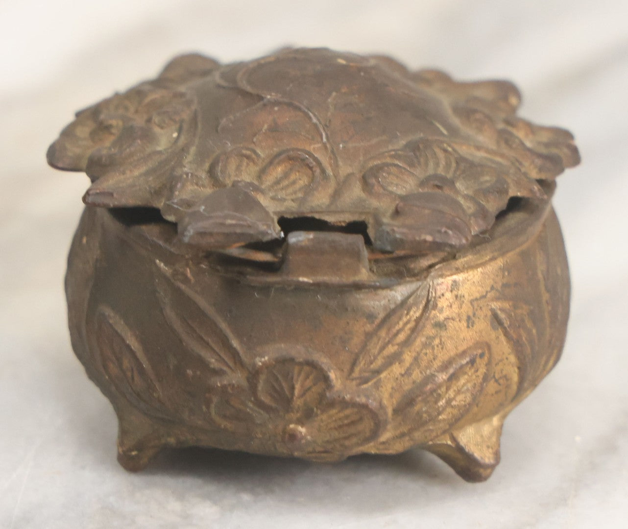 Lot 022 - Antique Small Size Pot Metal Ring Box With Flower Design, Hinged Lid, Original Fabric Interior, Bottom Marked U.S.A.