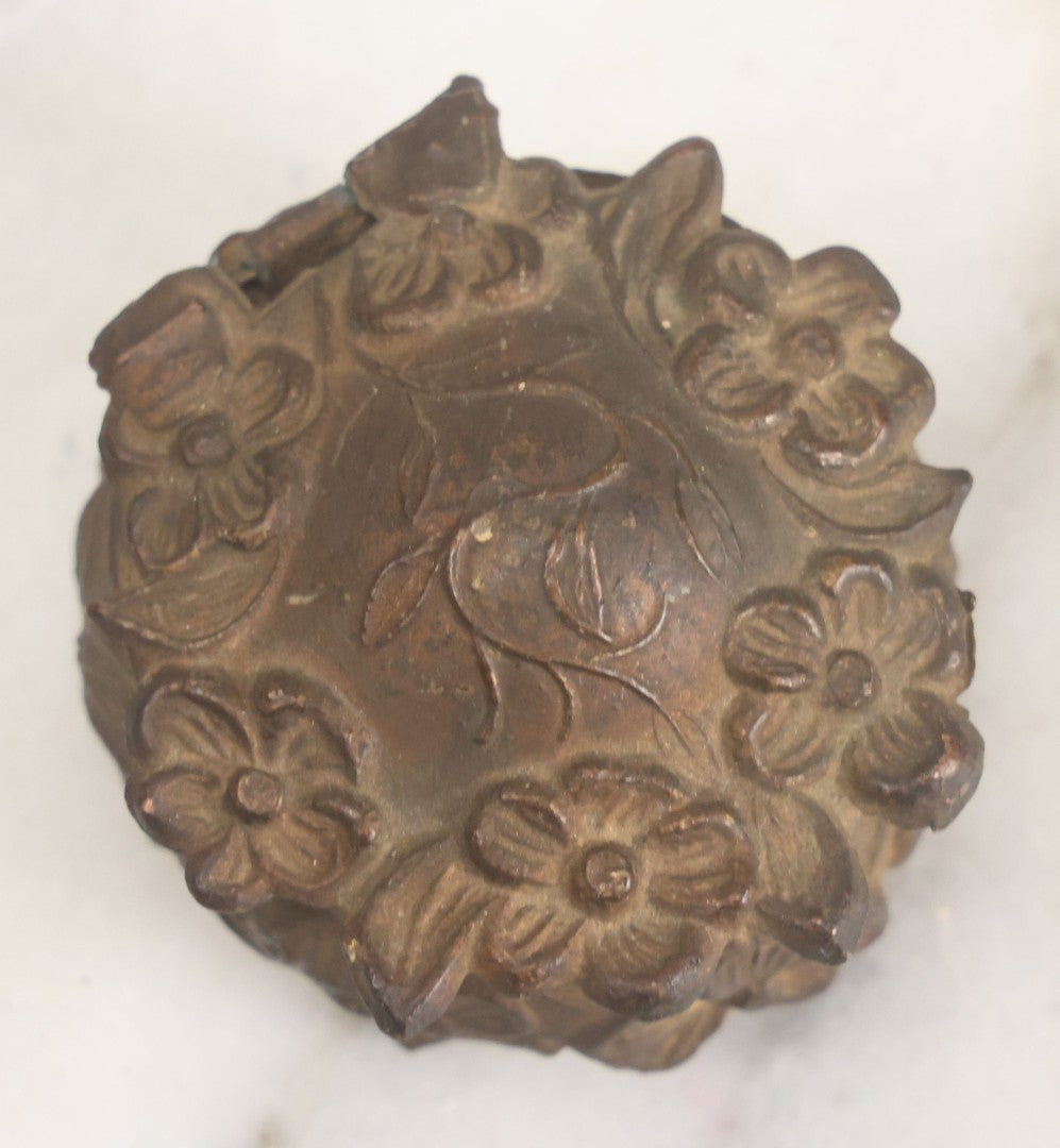 Lot 022 - Antique Small Size Pot Metal Ring Box With Flower Design, Hinged Lid, Original Fabric Interior, Bottom Marked U.S.A.