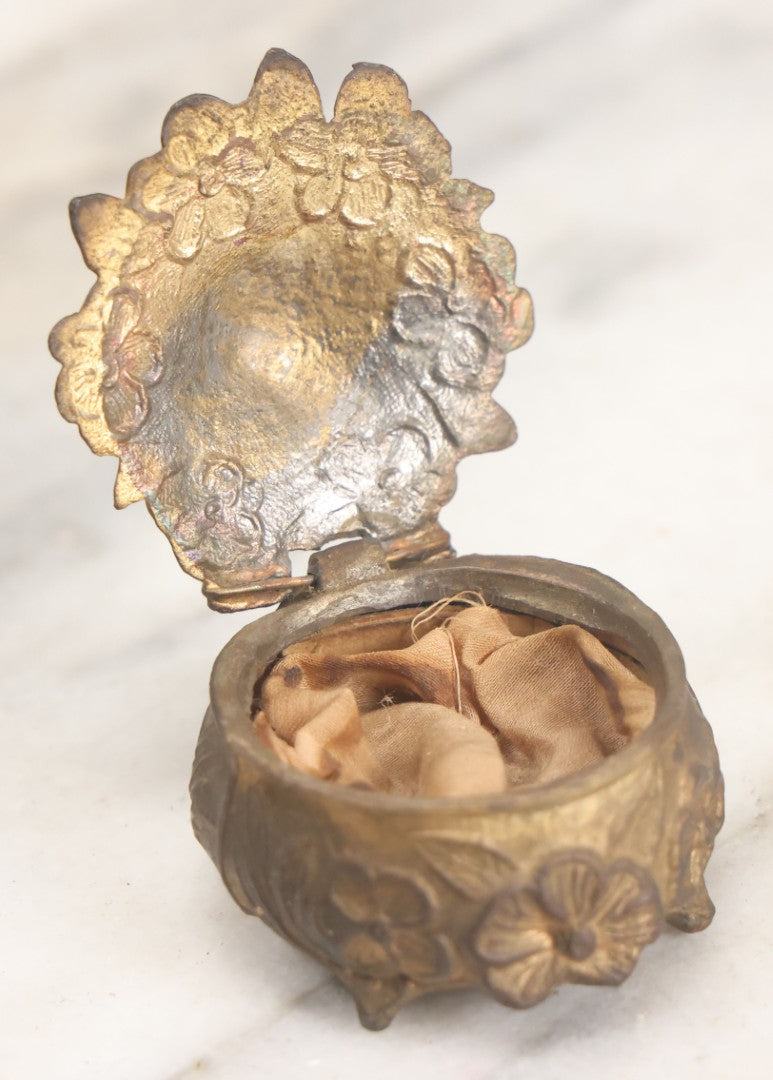 Lot 022 - Antique Small Size Pot Metal Ring Box With Flower Design, Hinged Lid, Original Fabric Interior, Bottom Marked U.S.A.
