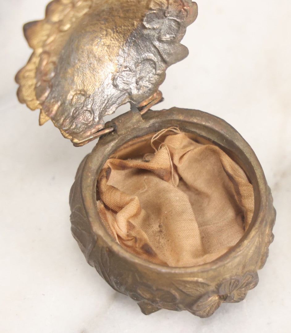 Lot 022 - Antique Small Size Pot Metal Ring Box With Flower Design, Hinged Lid, Original Fabric Interior, Bottom Marked U.S.A.