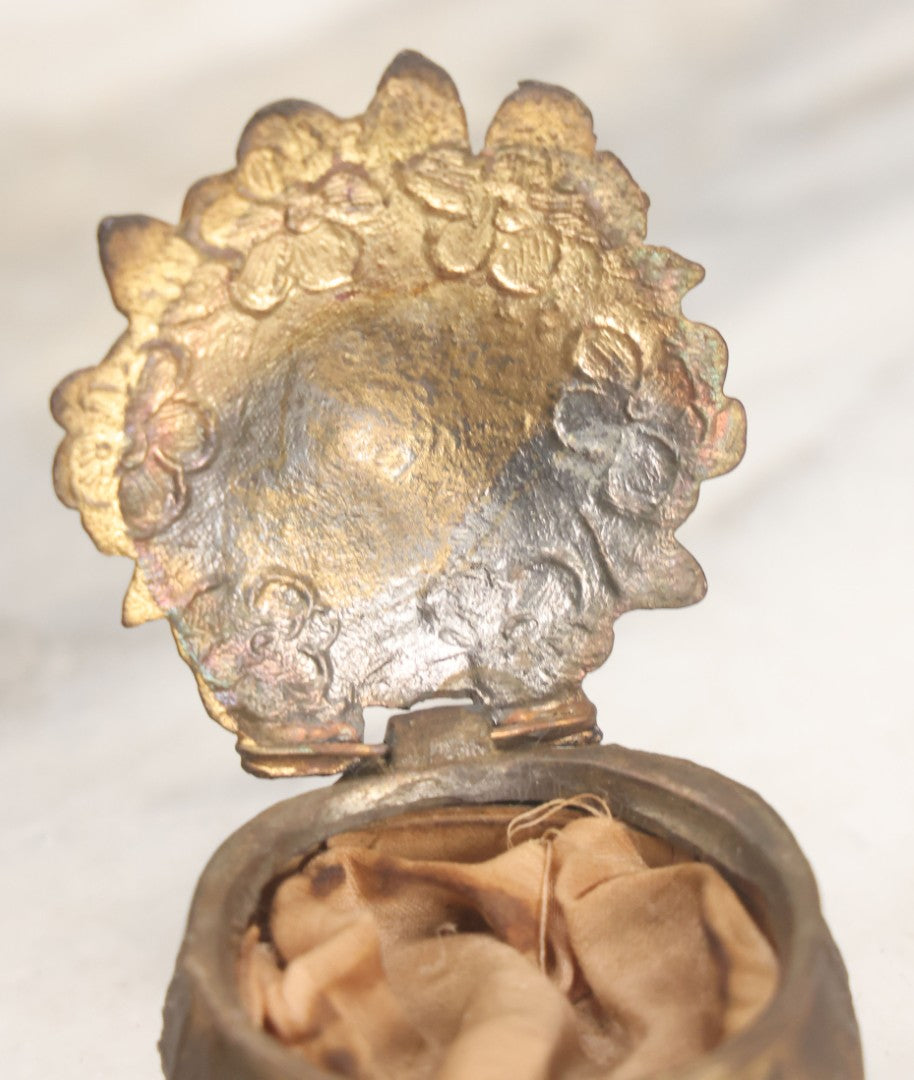 Lot 022 - Antique Small Size Pot Metal Ring Box With Flower Design, Hinged Lid, Original Fabric Interior, Bottom Marked U.S.A.