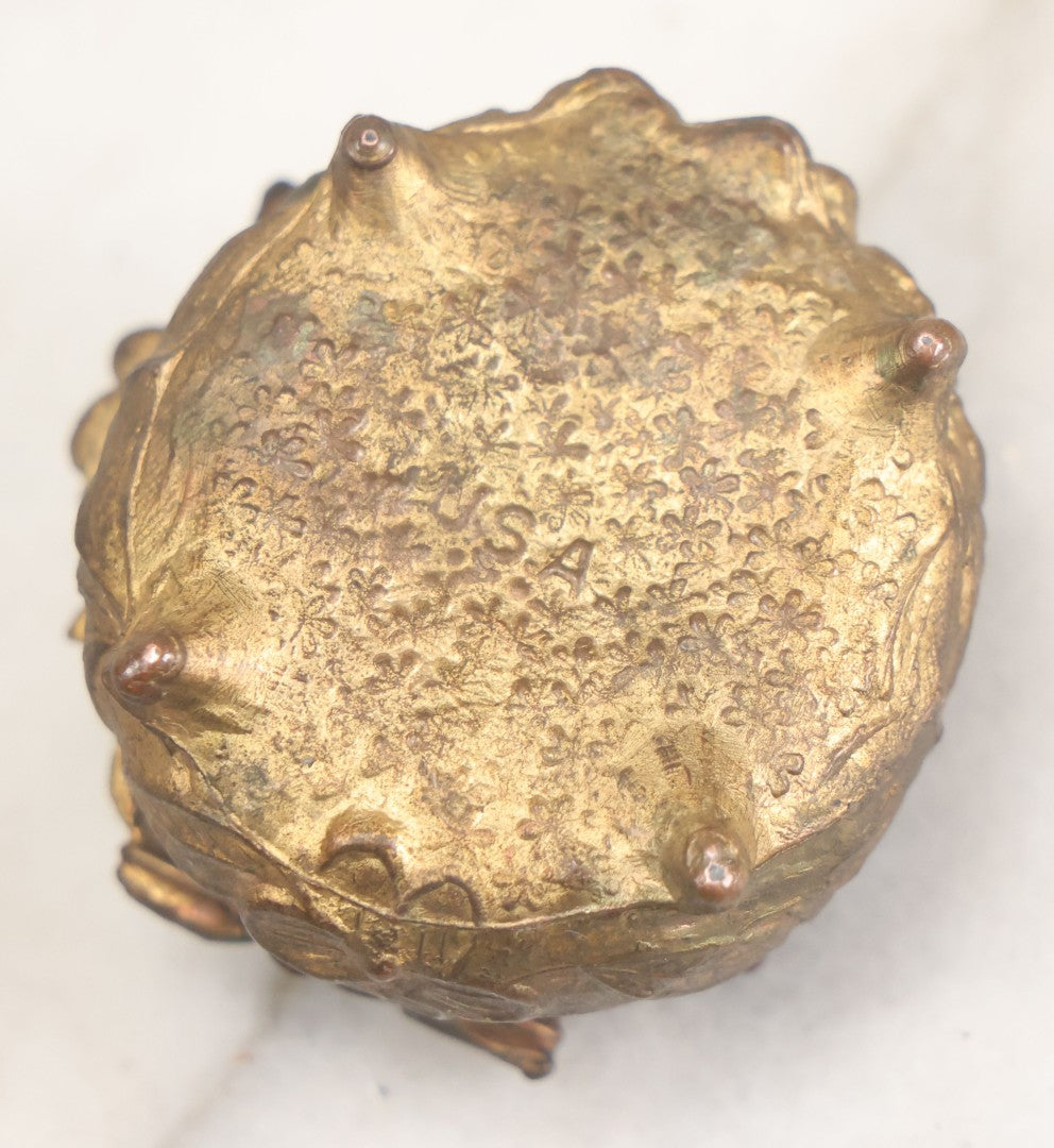 Lot 022 - Antique Small Size Pot Metal Ring Box With Flower Design, Hinged Lid, Original Fabric Interior, Bottom Marked U.S.A.