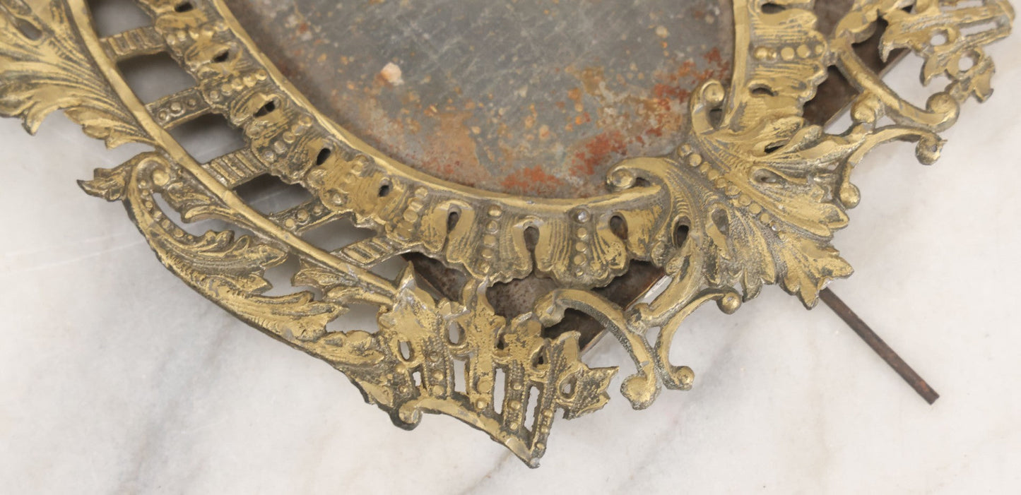 Lot 023 - Antique Ornate Brass Toned Metal Cabinet Card Sized Photo Frame With Leaf Motif, Kickstand, Note Small Losses, Soft Metal