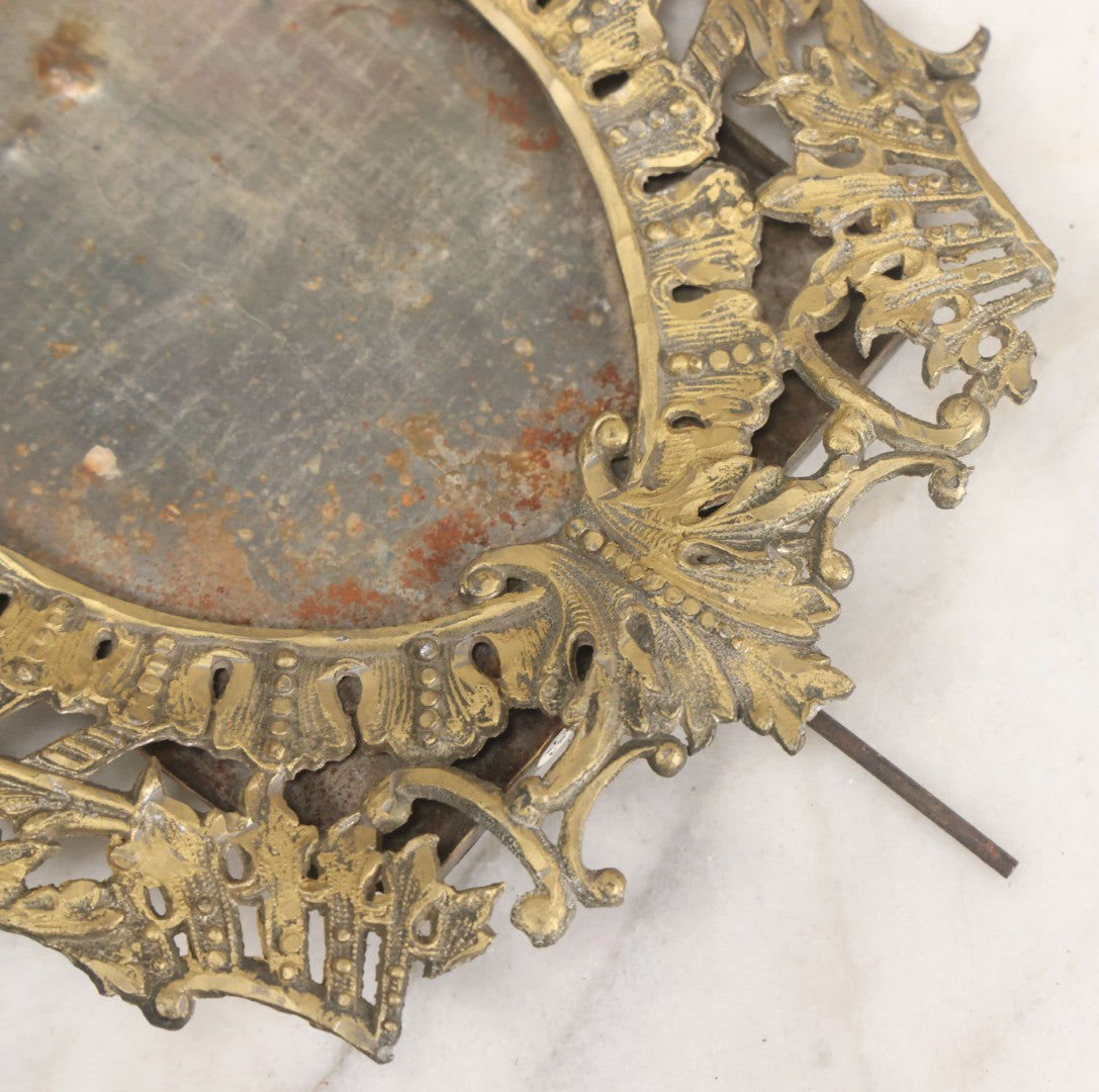 Lot 023 - Antique Ornate Brass Toned Metal Cabinet Card Sized Photo Frame With Leaf Motif, Kickstand, Note Small Losses, Soft Metal