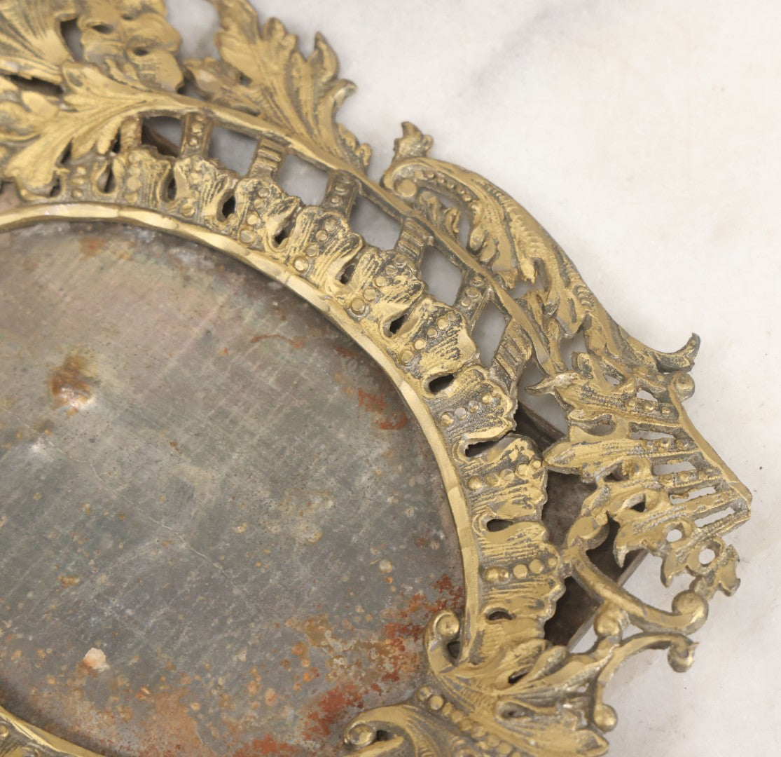 Lot 023 - Antique Ornate Brass Toned Metal Cabinet Card Sized Photo Frame With Leaf Motif, Kickstand, Note Small Losses, Soft Metal