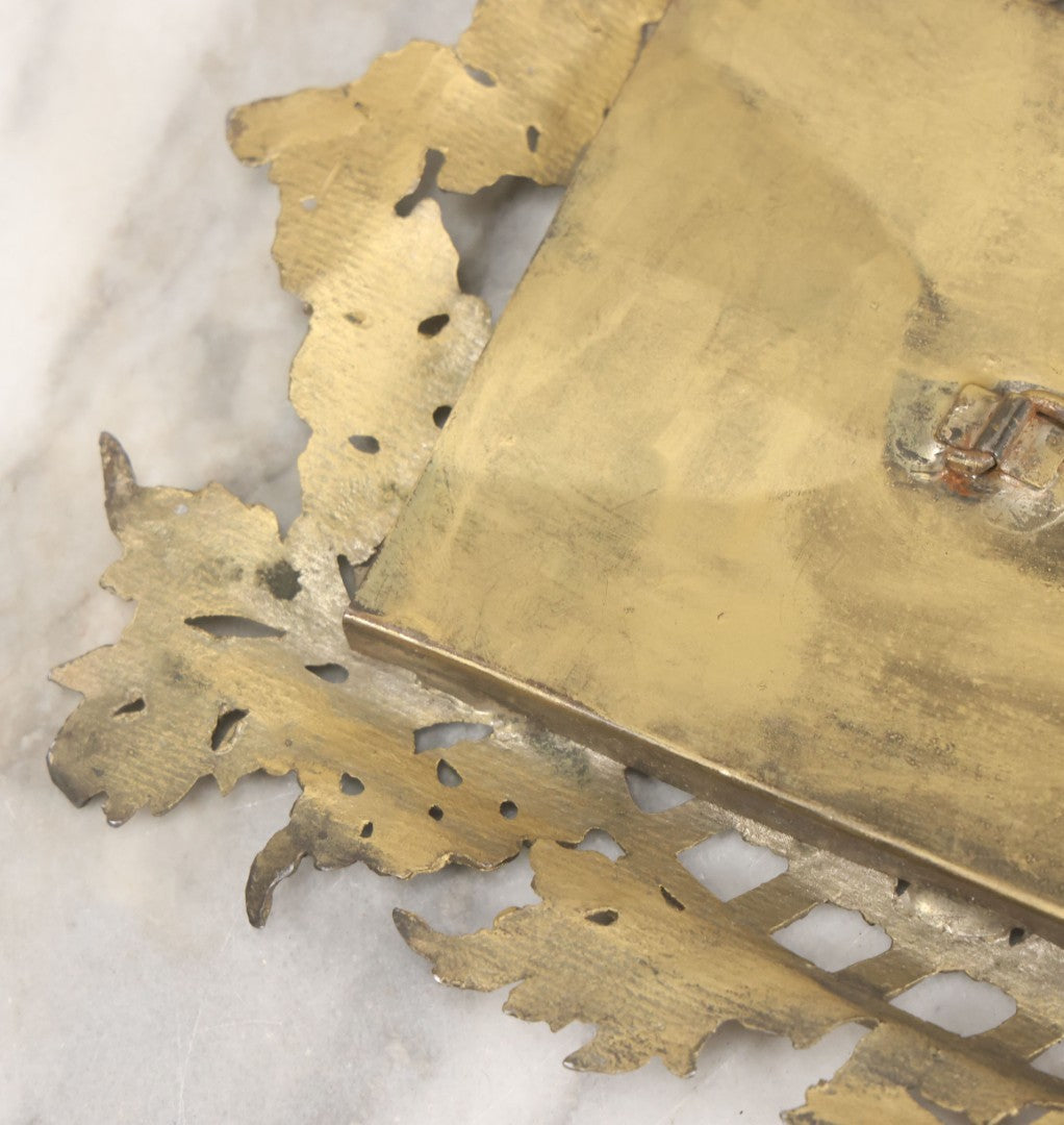 Lot 023 - Antique Ornate Brass Toned Metal Cabinet Card Sized Photo Frame With Leaf Motif, Kickstand, Note Small Losses, Soft Metal