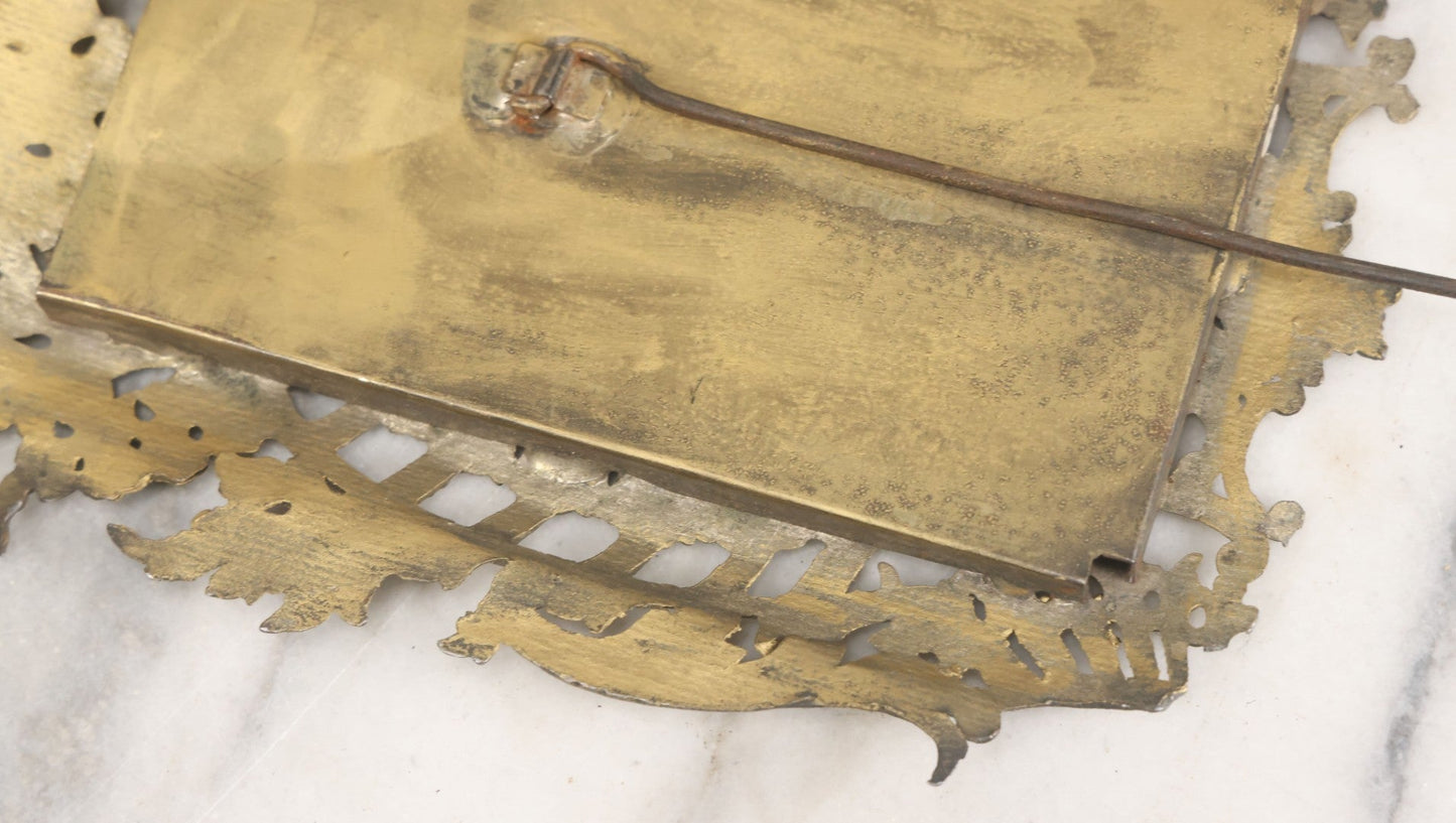 Lot 023 - Antique Ornate Brass Toned Metal Cabinet Card Sized Photo Frame With Leaf Motif, Kickstand, Note Small Losses, Soft Metal