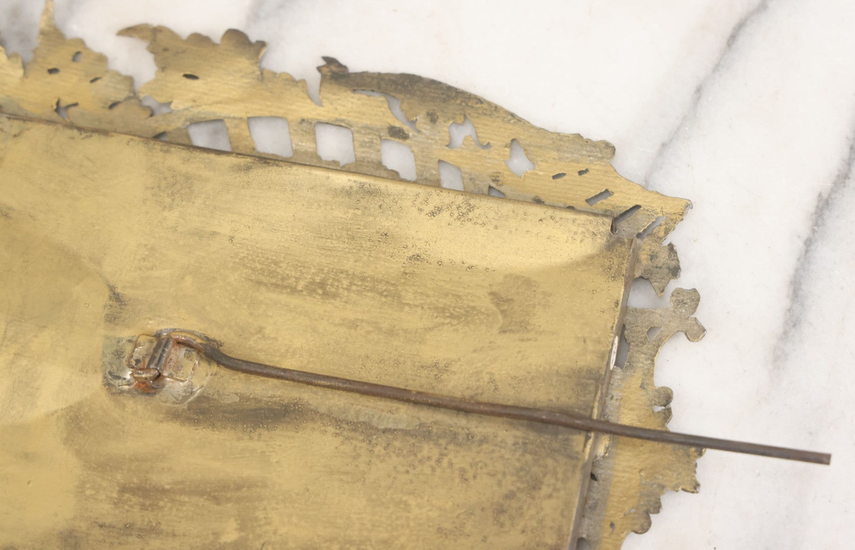 Lot 023 - Antique Ornate Brass Toned Metal Cabinet Card Sized Photo Frame With Leaf Motif, Kickstand, Note Small Losses, Soft Metal