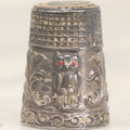 Lot 024 - Vintage Metal Thimble With Owl Motif With Red Painted Eyes, Sticker Marked Made In Portugal