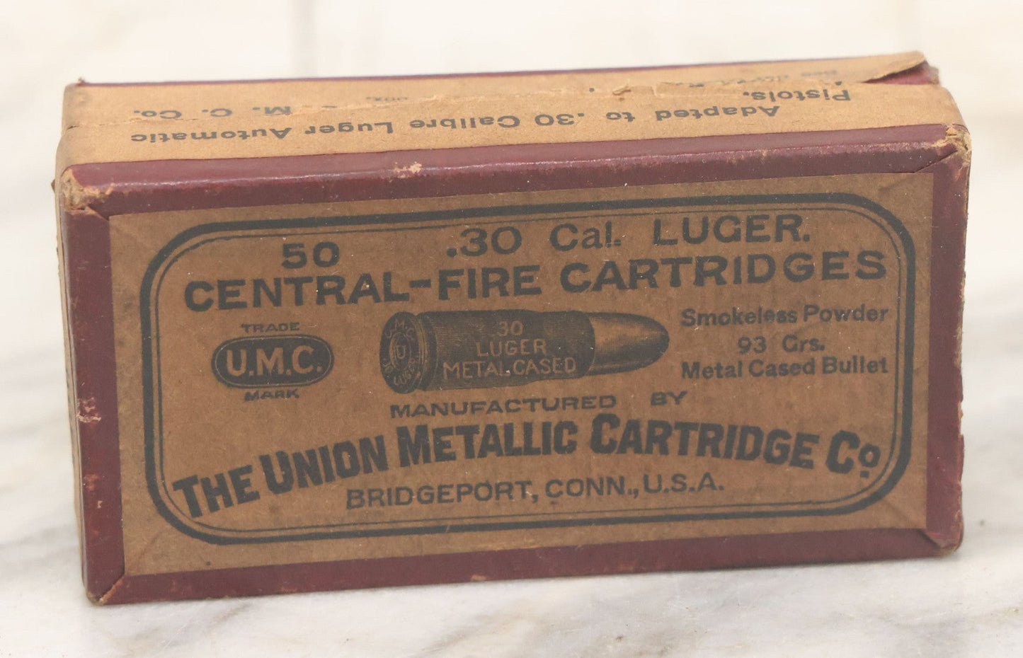 Lot 025 - Vintage .30 Caliber Luger Central-Fire Cartridges Metal Cased Bullet Ammunition Box, Empty, Manufactured By The Union Metallic Cartridge Co., Bridgeport, Connecticut