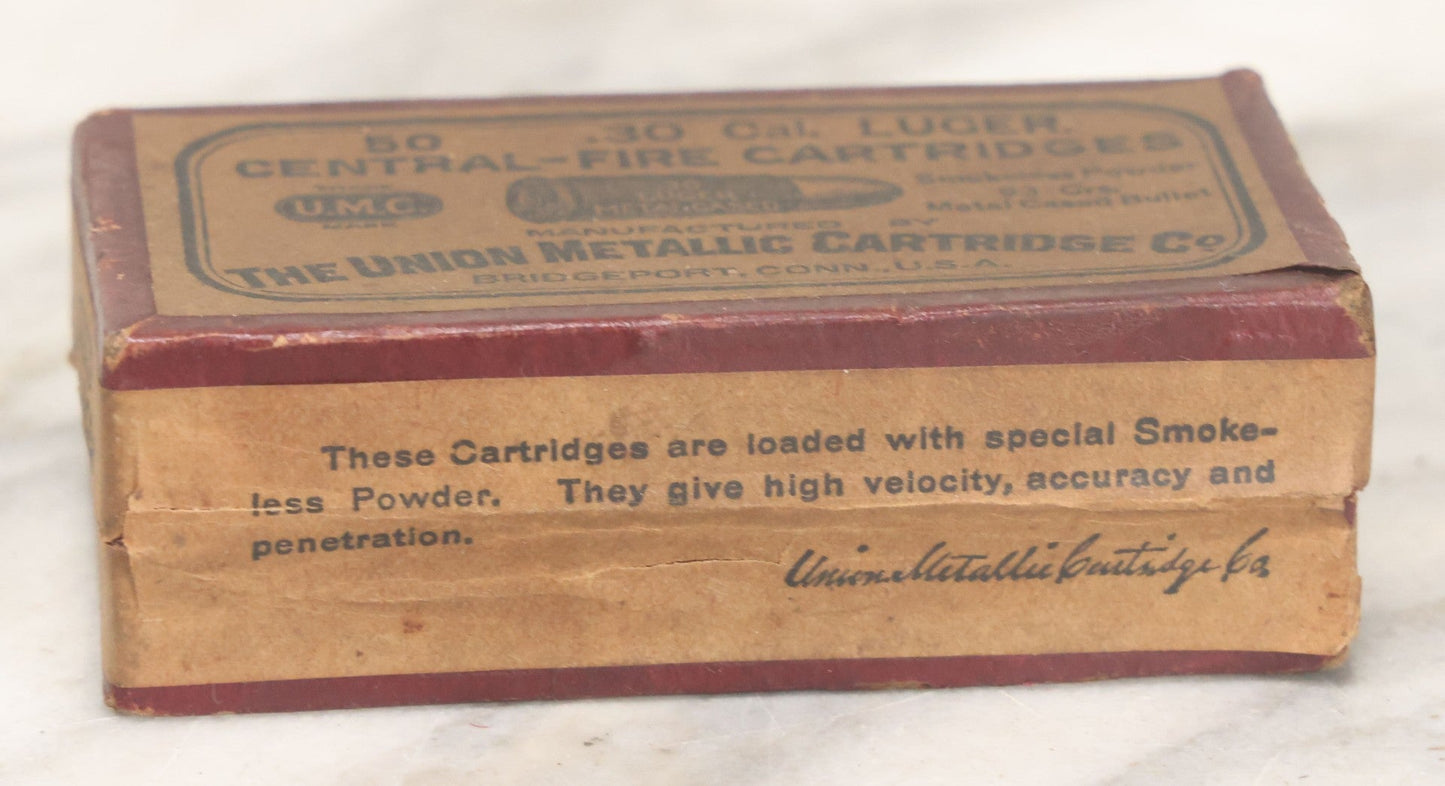 Lot 025 - Vintage .30 Caliber Luger Central-Fire Cartridges Metal Cased Bullet Ammunition Box, Empty, Manufactured By The Union Metallic Cartridge Co., Bridgeport, Connecticut
