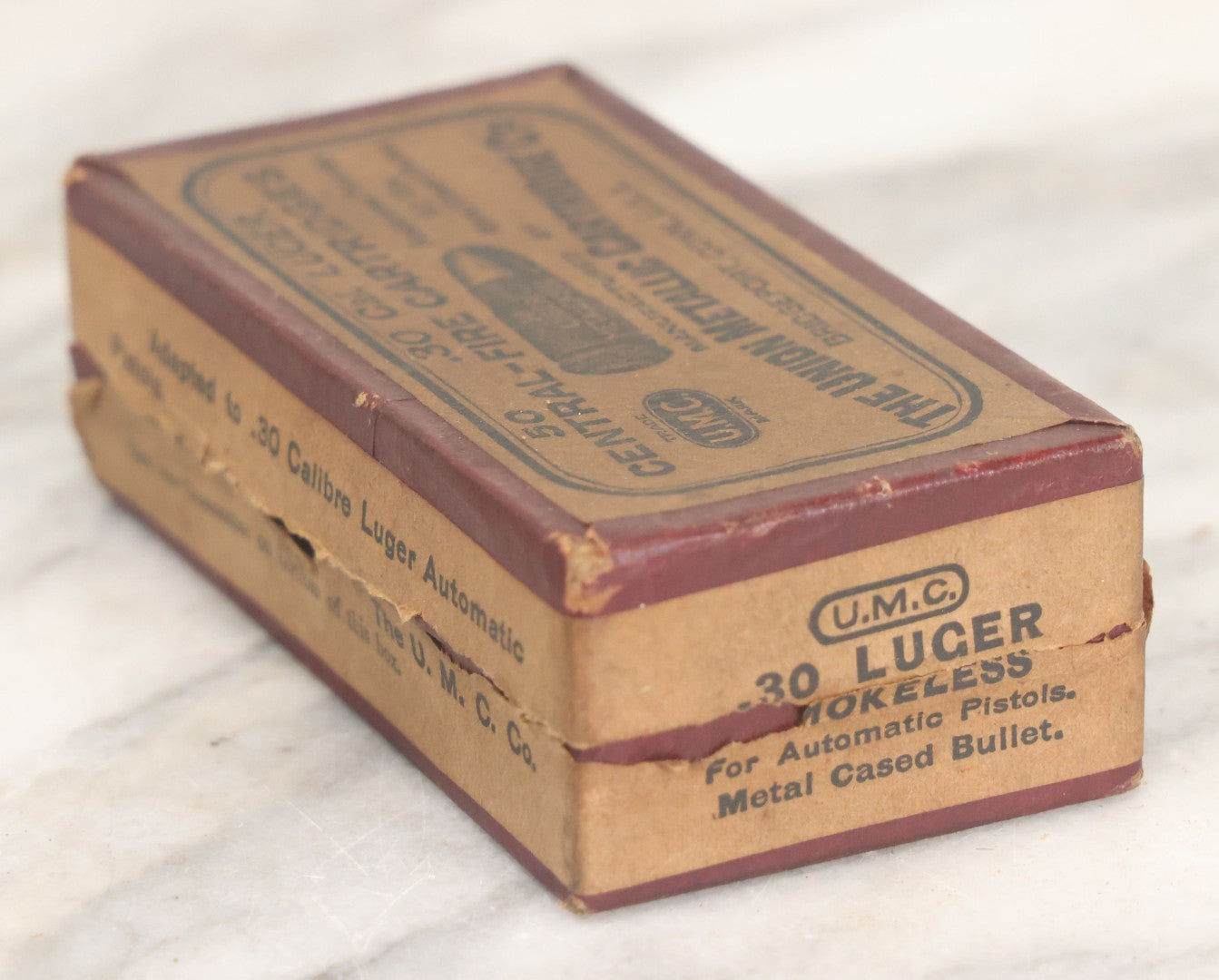 Lot 025 - Vintage .30 Caliber Luger Central-Fire Cartridges Metal Cased Bullet Ammunition Box, Empty, Manufactured By The Union Metallic Cartridge Co., Bridgeport, Connecticut