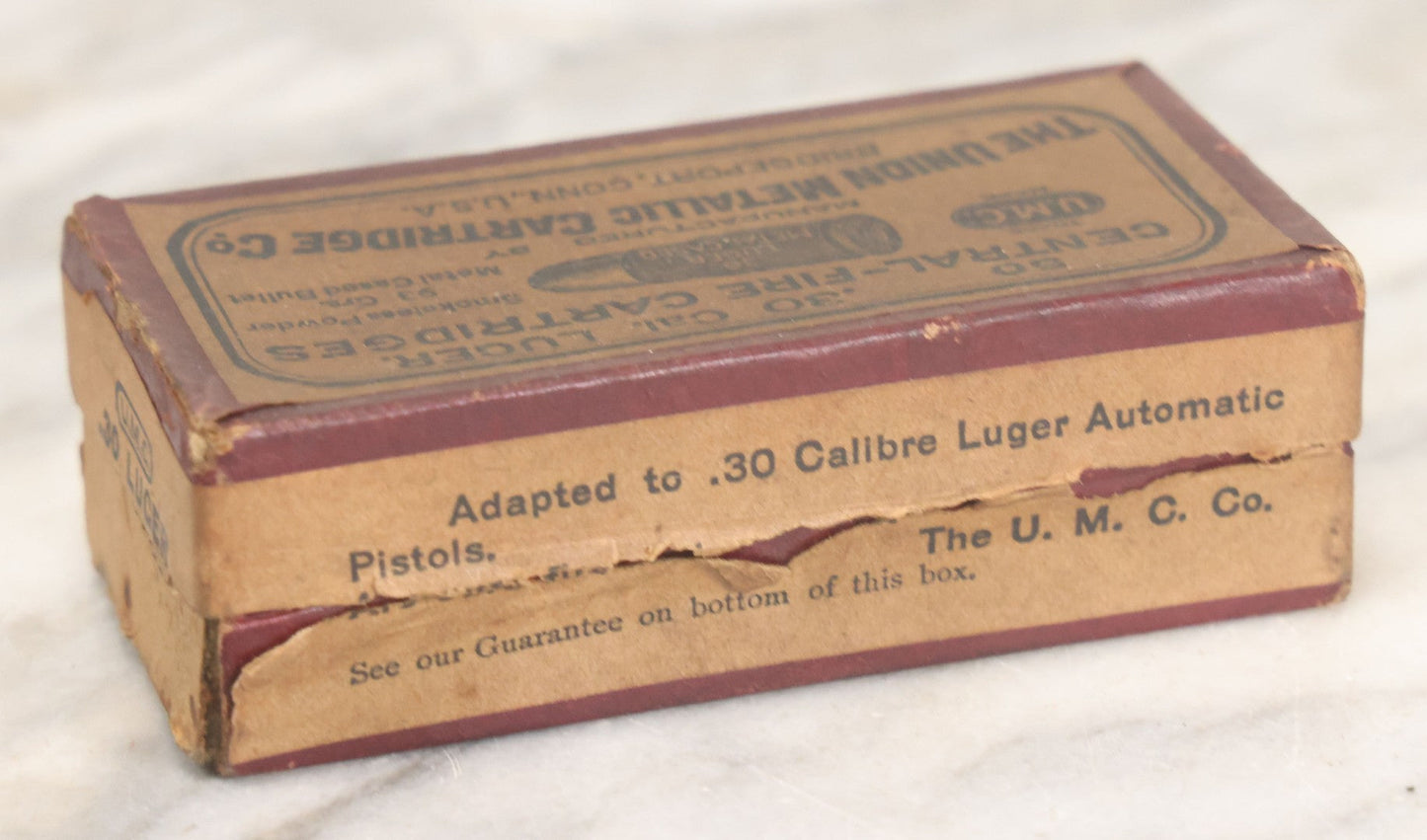 Lot 025 - Vintage .30 Caliber Luger Central-Fire Cartridges Metal Cased Bullet Ammunition Box, Empty, Manufactured By The Union Metallic Cartridge Co., Bridgeport, Connecticut