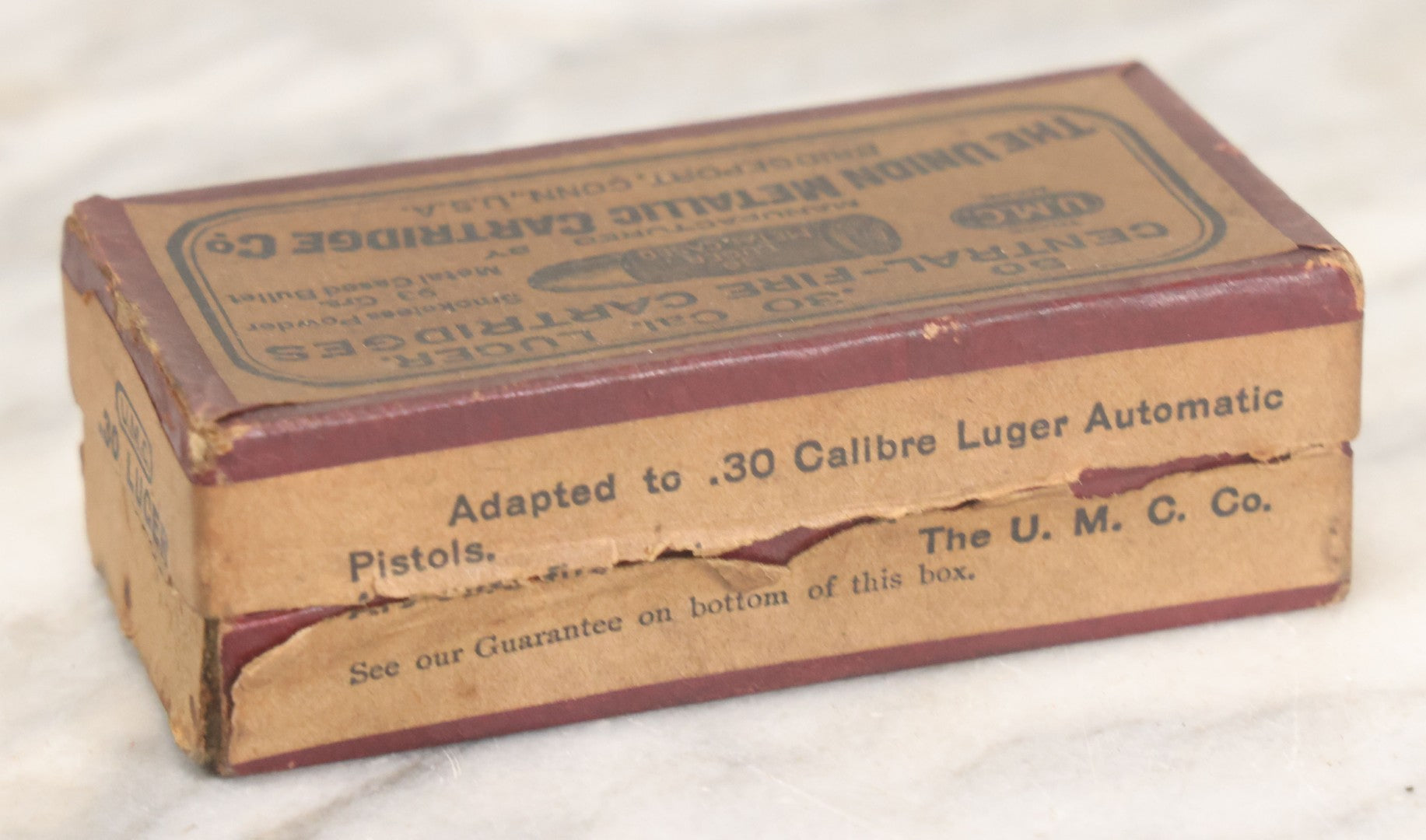 Lot 025 - Vintage .30 Caliber Luger Central-Fire Cartridges Metal Cased Bullet Ammunition Box, Empty, Manufactured By The Union Metallic Cartridge Co., Bridgeport, Connecticut