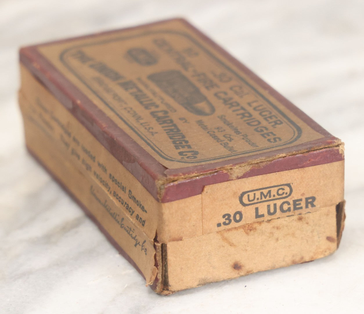Lot 025 - Vintage .30 Caliber Luger Central-Fire Cartridges Metal Cased Bullet Ammunition Box, Empty, Manufactured By The Union Metallic Cartridge Co., Bridgeport, Connecticut