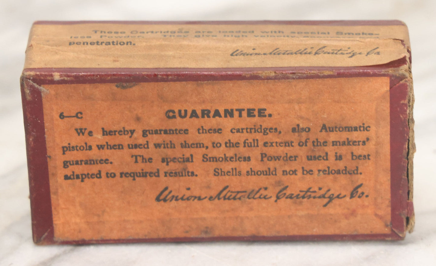 Lot 025 - Vintage .30 Caliber Luger Central-Fire Cartridges Metal Cased Bullet Ammunition Box, Empty, Manufactured By The Union Metallic Cartridge Co., Bridgeport, Connecticut