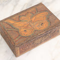 Lot 026 - Antique Art Nouveau Flemish Art Pyrography Wood Burned Trinket Box With Butterfly Decorated Lid And Hearts Around Side With Green And Red Coloring