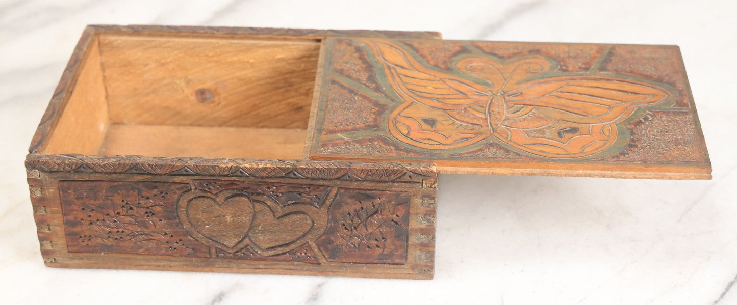 Lot 026 - Antique Art Nouveau Flemish Art Pyrography Wood Burned Trinket Box With Butterfly Decorated Lid And Hearts Around Side With Green And Red Coloring