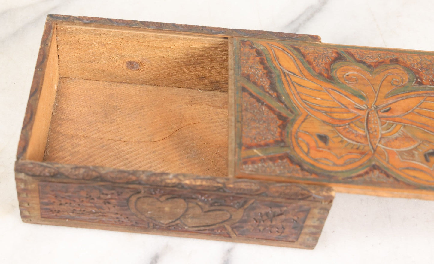 Lot 026 - Antique Art Nouveau Flemish Art Pyrography Wood Burned Trinket Box With Butterfly Decorated Lid And Hearts Around Side With Green And Red Coloring