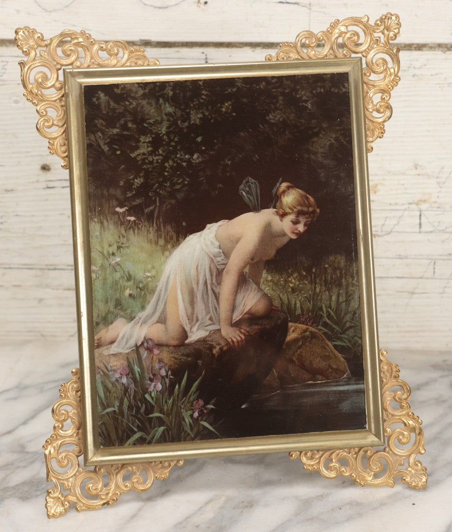 Lot 029 - Antique Glass Mounted Print Of Nude Fairy, After Paul Thumann's "Psyche" With Metal Frame Adornments And Kickstand, 8-1/2" x 10-1/2"