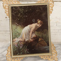 Lot 029 - Antique Glass Mounted Print Of Nude Fairy, After Paul Thumann's "Psyche" With Metal Frame Adornments And Kickstand, 8-1/2" x 10-1/2"