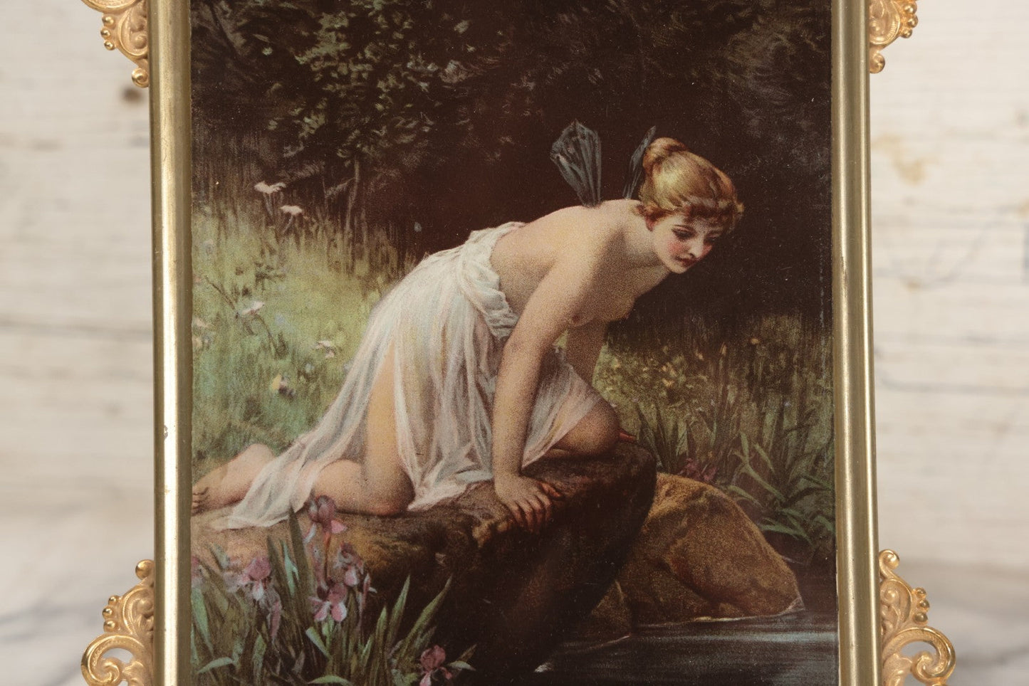 Lot 029 - Antique Glass Mounted Print Of Nude Fairy, After Paul Thumann's "Psyche" With Metal Frame Adornments And Kickstand, 8-1/2" x 10-1/2"