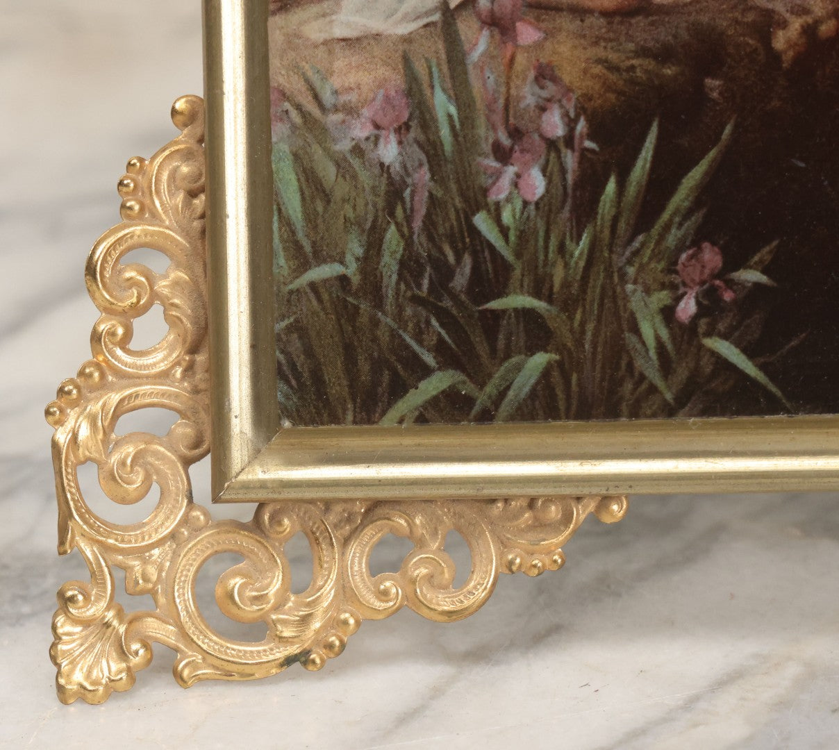 Lot 029 - Antique Glass Mounted Print Of Nude Fairy, After Paul Thumann's "Psyche" With Metal Frame Adornments And Kickstand, 8-1/2" x 10-1/2"