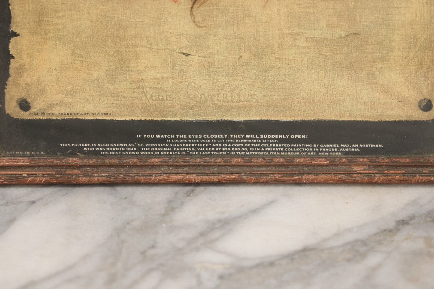 Lot 030 - Antique "Veil Of Veronica" Lithograph Print Copyright The House Of Art, New York, No. A-33, With Eye-Opening Illusion, In Original Frame, 10" x 12-5/8"