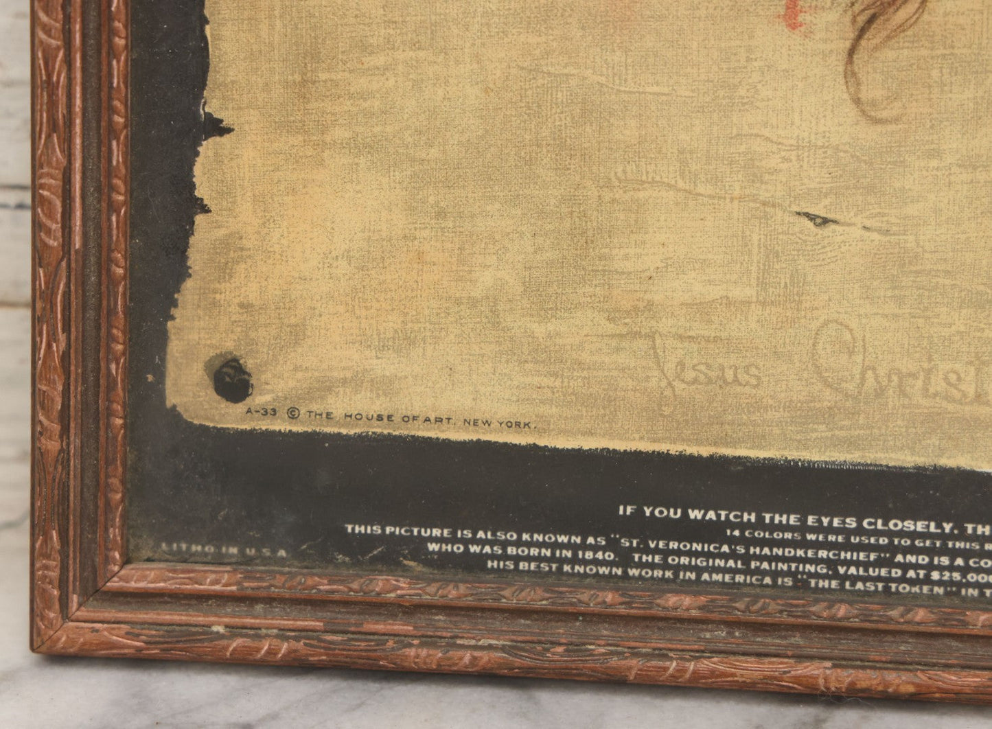 Lot 030 - Antique "Veil Of Veronica" Lithograph Print Copyright The House Of Art, New York, No. A-33, With Eye-Opening Illusion, In Original Frame, 10" x 12-5/8"