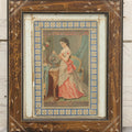 Lot 032 - Antique Lithographed Paper Board Box Cover Depicting Young Woman In Pink Dress Playing With Her Goldfish In Period Etched Wooden Frame, 10-5/8" x 11-3/4"