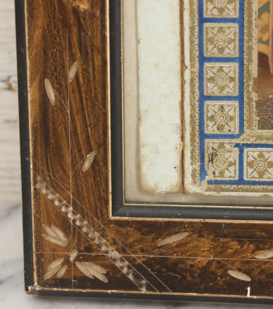 Lot 032 - Antique Lithographed Paper Board Box Cover Depicting Young Woman In Pink Dress Playing With Her Goldfish In Period Etched Wooden Frame, 10-5/8" x 11-3/4"