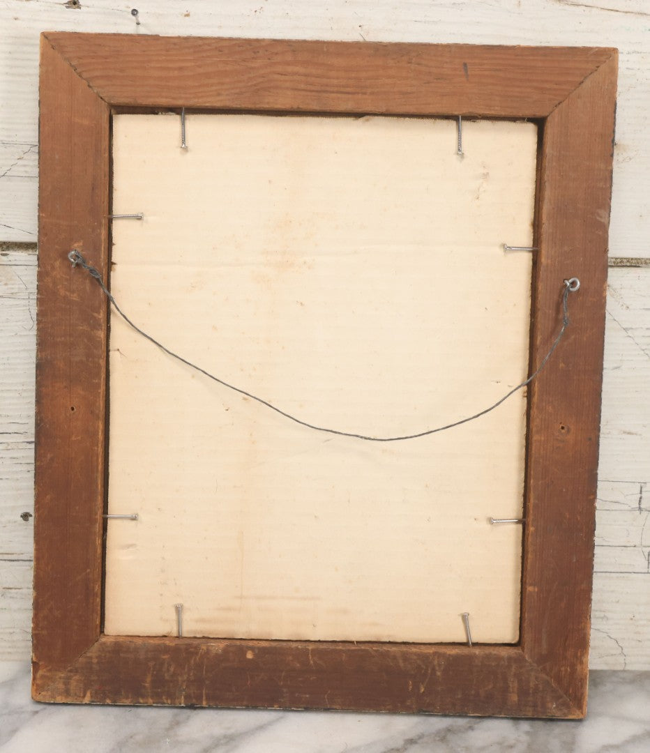 Lot 032 - Antique Lithographed Paper Board Box Cover Depicting Young Woman In Pink Dress Playing With Her Goldfish In Period Etched Wooden Frame, 10-5/8" x 11-3/4"