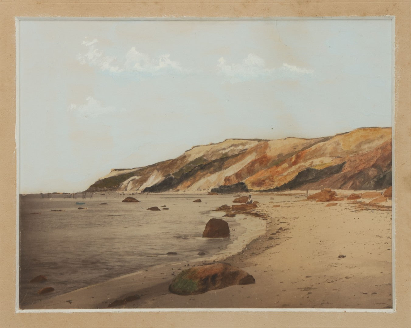 Lot 033 - Antique Painted Over Photograph Of Oceanside Cliffs And Beach With Child Seated On Rocks Likely Gay Head Cliffs, Martha's Vineyard, Massachusetts, In Original Frame, 17-1/2" x 15-1/2"