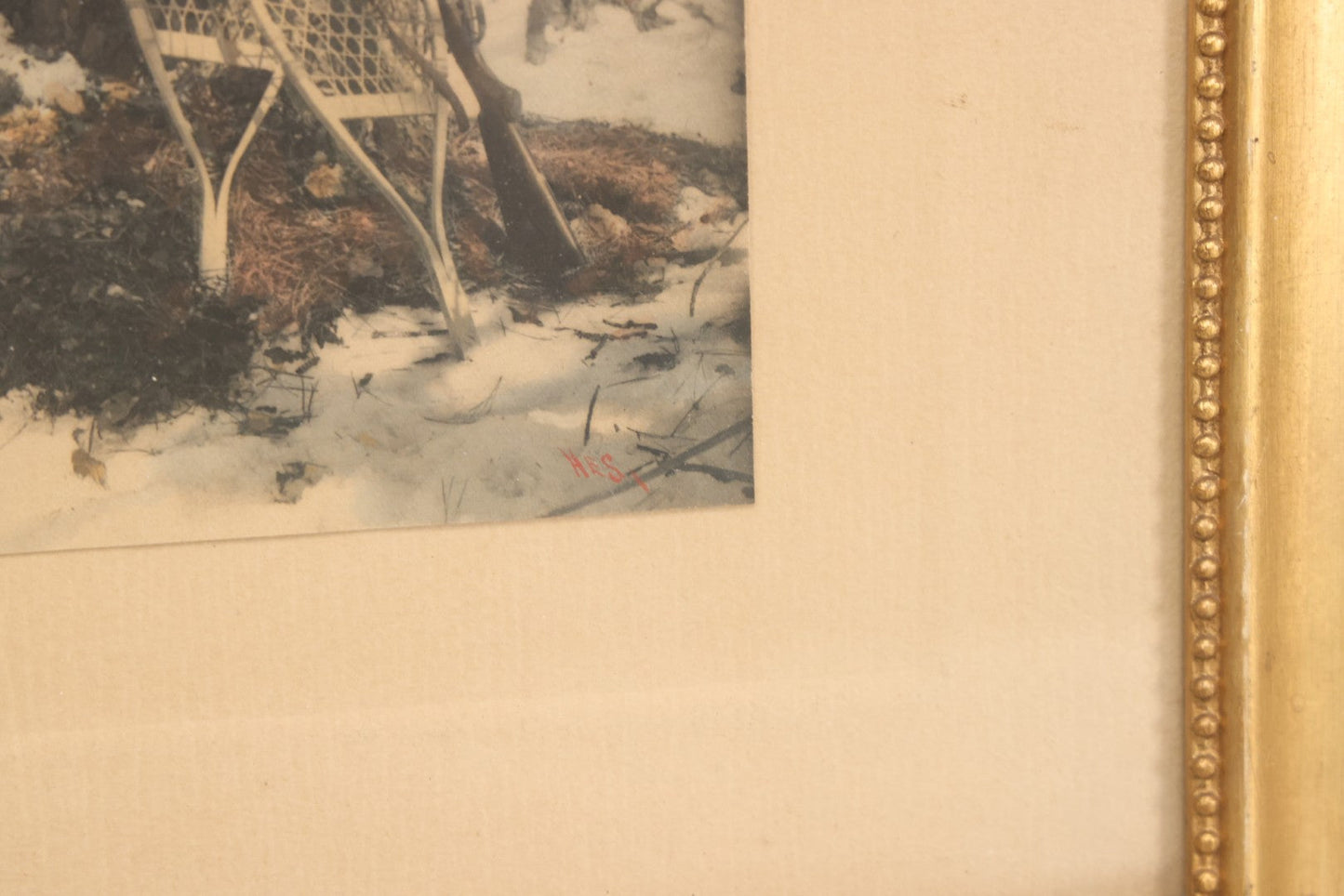 Lot 034 - Antique Hand Tinted Hunting Photograph With Hunting Dog Snowshoes And Rifle, Signed In Pencil Lower Left Homes "The Studio," Chocorua, New Hampshire, In Original Frame, 12-1/2" x 14-1/2"