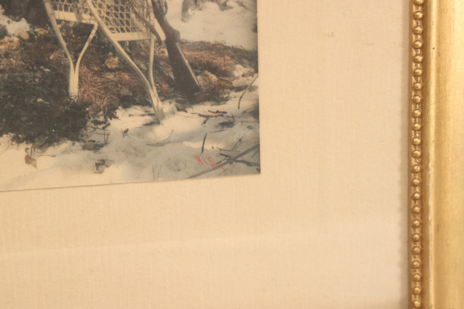 Lot 034 - Antique Hand Tinted Hunting Photograph With Hunting Dog Snowshoes And Rifle, Signed In Pencil Lower Left Homes "The Studio," Chocorua, New Hampshire, In Original Frame, 12-1/2" x 14-1/2"