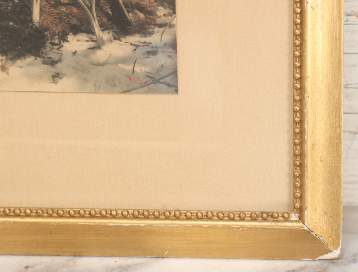 Lot 034 - Antique Hand Tinted Hunting Photograph With Hunting Dog Snowshoes And Rifle, Signed In Pencil Lower Left Homes "The Studio," Chocorua, New Hampshire, In Original Frame, 12-1/2" x 14-1/2"