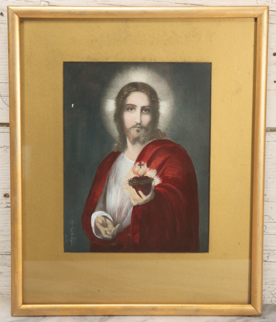 Lot 036 - Antique Hand Colored Print Of Jesus Christ Holding The Sacred Heart, Artist Signed Lower Left, Dated 1862, With Gold Mat And Gold Frame, 11-5/8" x 14-1/8"