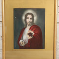 Lot 036 - Antique Hand Colored Print Of Jesus Christ Holding The Sacred Heart, Artist Signed Lower Left, Dated 1862, With Gold Mat And Gold Frame, 11-5/8" x 14-1/8"