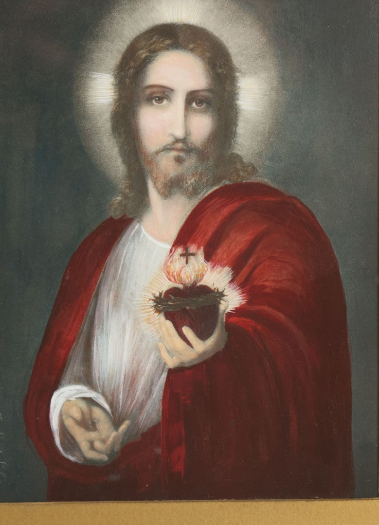 Lot 036 - Antique Hand Colored Print Of Jesus Christ Holding The Sacred Heart, Artist Signed Lower Left, Dated 1862, With Gold Mat And Gold Frame, 11-5/8" x 14-1/8"